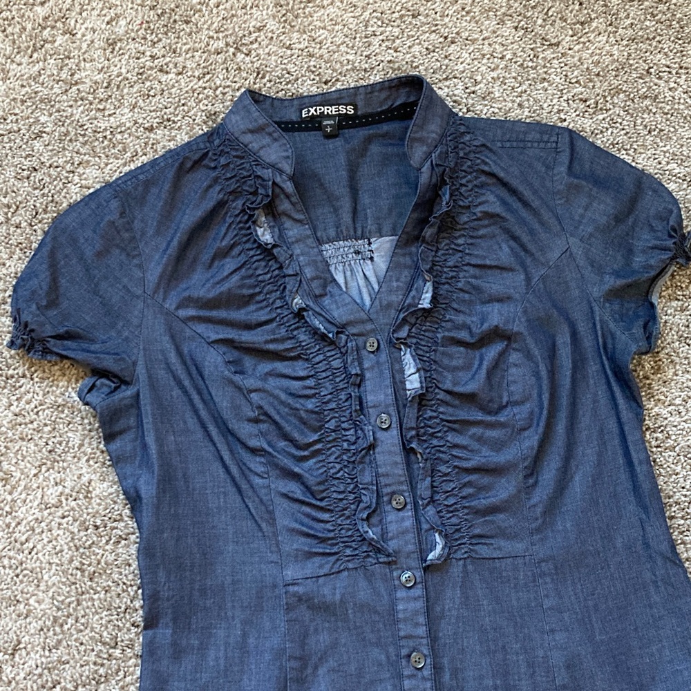 Express Y2K Puff Cap Sleeve Ruffle Ruched Front Chambray Fitted Top Shirt sz S